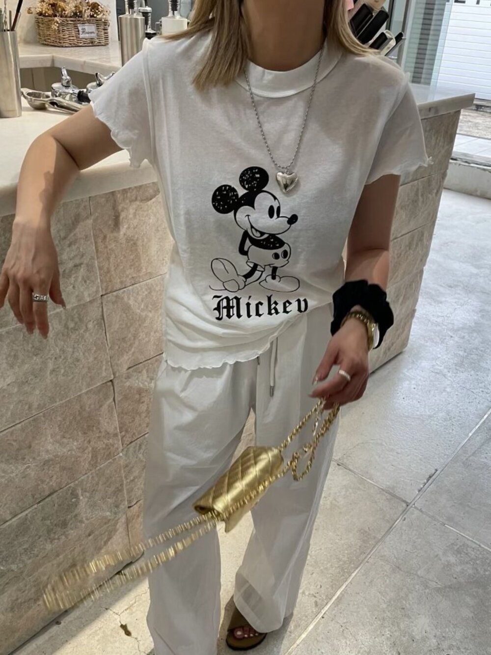 Mickey Mouse White Graphic Ruffle Edge Tee Size M
